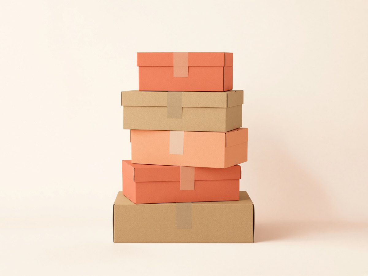 Stack of taped moving boxes in coral, peach and kraft brown
