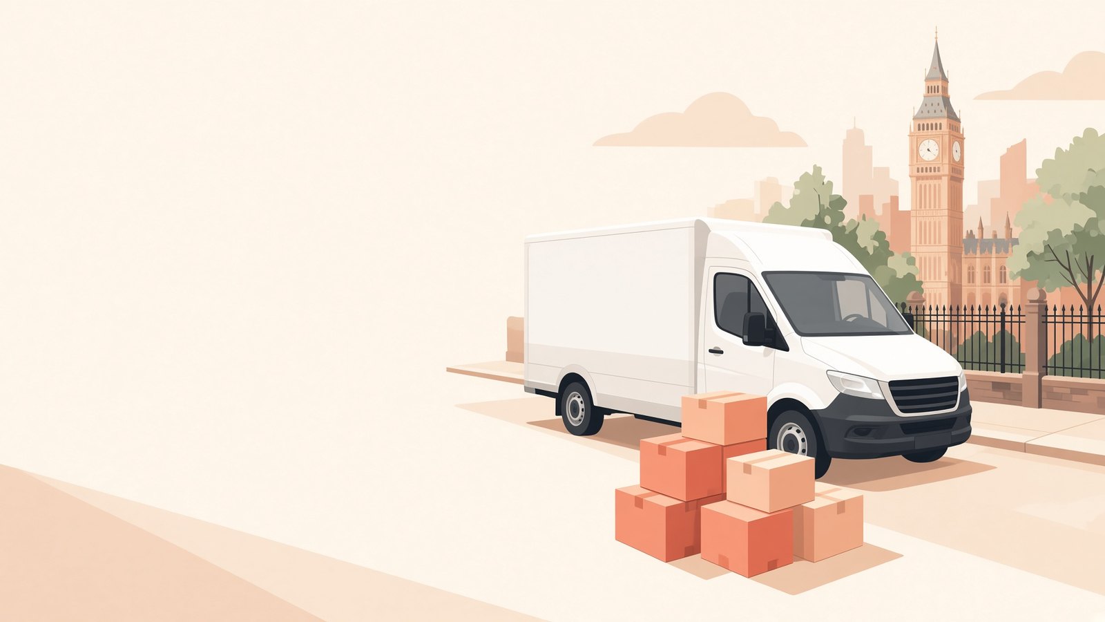 Stackt-style white moving van and stacked boxes on a quiet London street