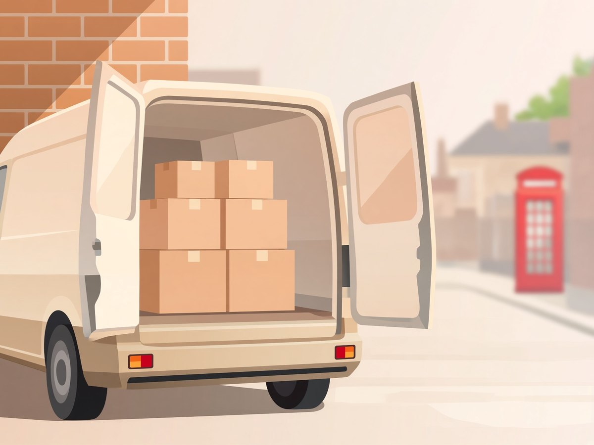 Open moving van packed with boxes on a London street